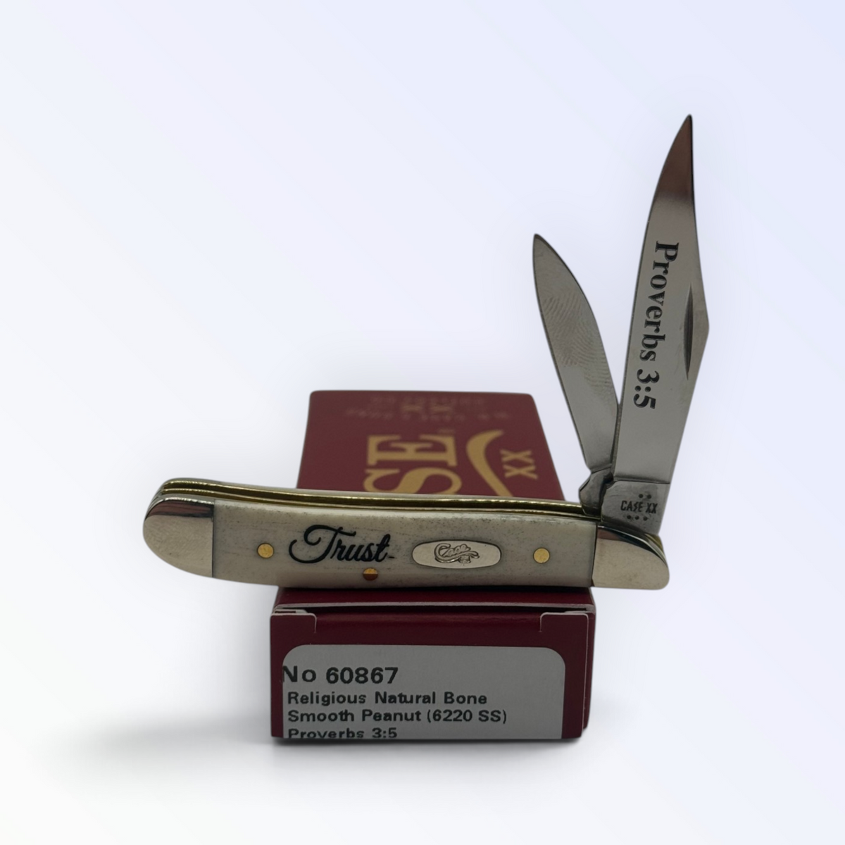 Peanut by Case XX featuring Religious Natural Bone Smooth (Proverbs 3:5) (60867), pocket-knife studio shot on retail box