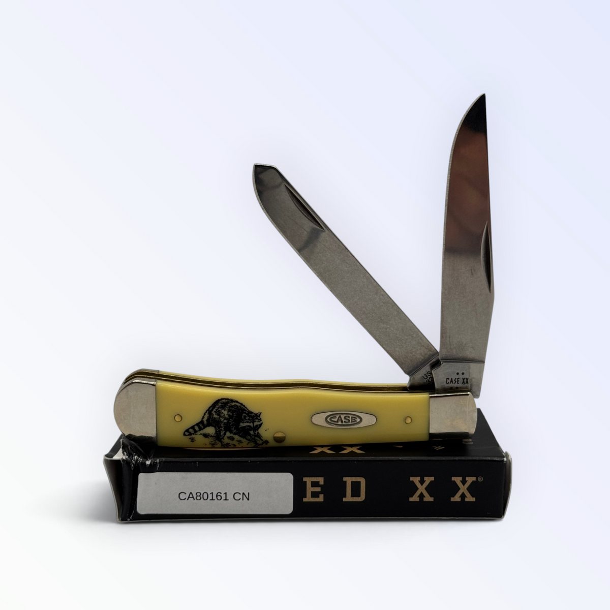 Case XX 80161CN Raccoon Trapper — smooth yellow synthetic with raccoon etching, open on Case XX box