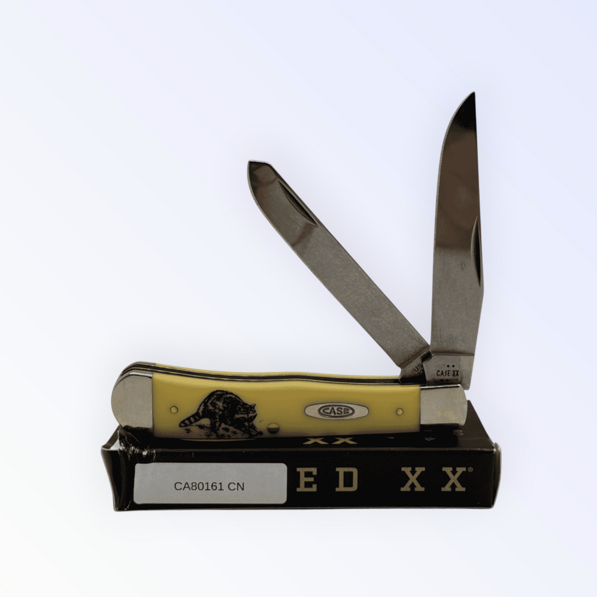 Case XX 80161CN Raccoon Trapper — smooth yellow synthetic with raccoon etching, open on Case XX box