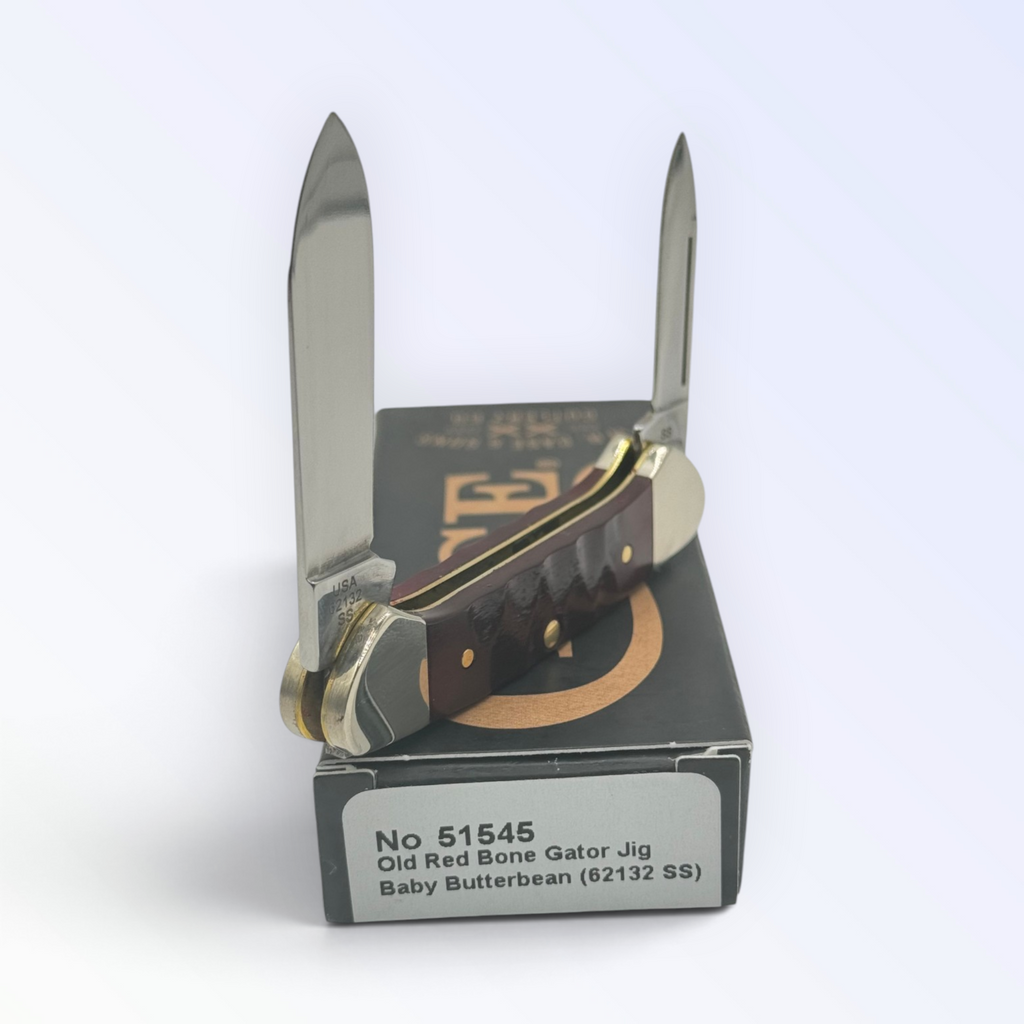 Case XX Red Bone Gator Jig Baby Butterbean (51545) — pocket-knife studio shot on retail box