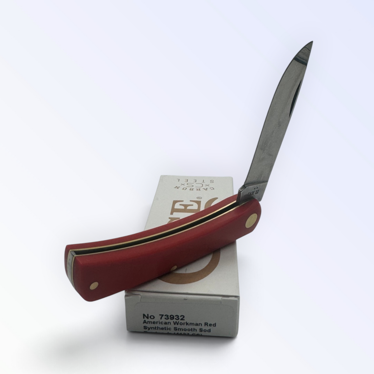 Pigeon Roost Knives Case XX American Workman Sod Buster Jr pocket knife with a smooth red synthetic handle and blade.
