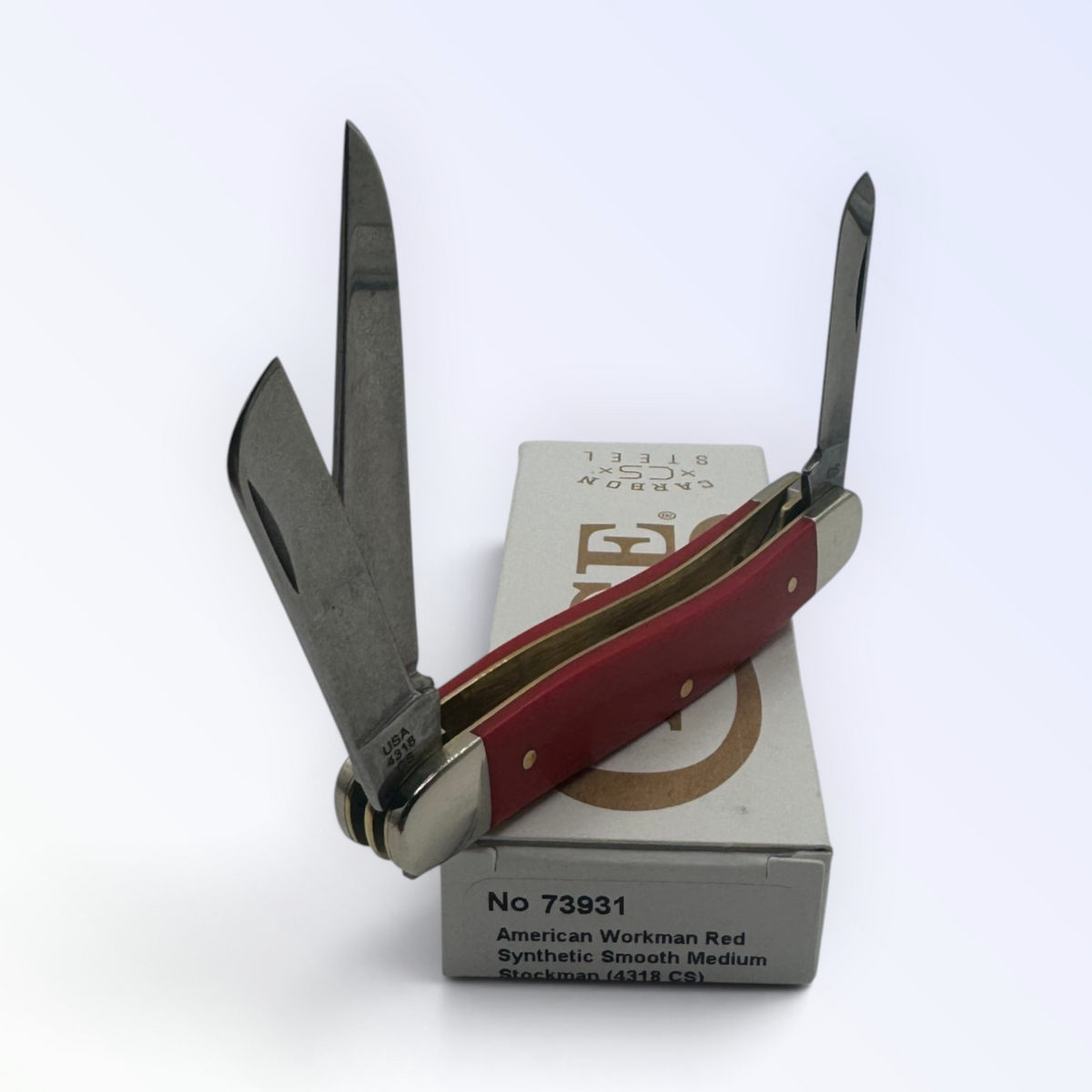 Pigeon Roost Knives Case XX American Workman medium stockman pocket knife with red synthetic handle and three blades