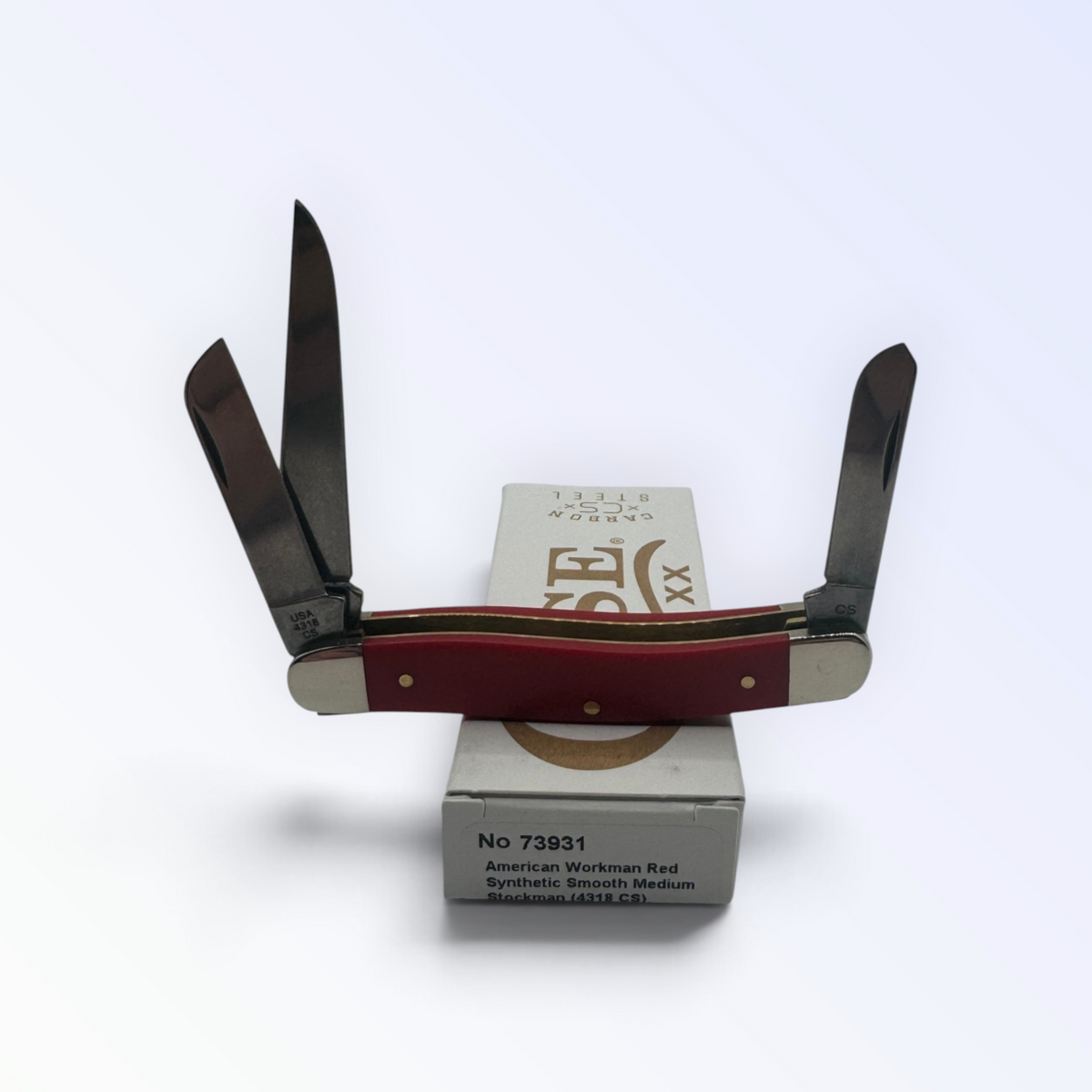 Pigeon Roost Knives Case XX American Workman medium stockman pocket knife with red synthetic handle and three blades