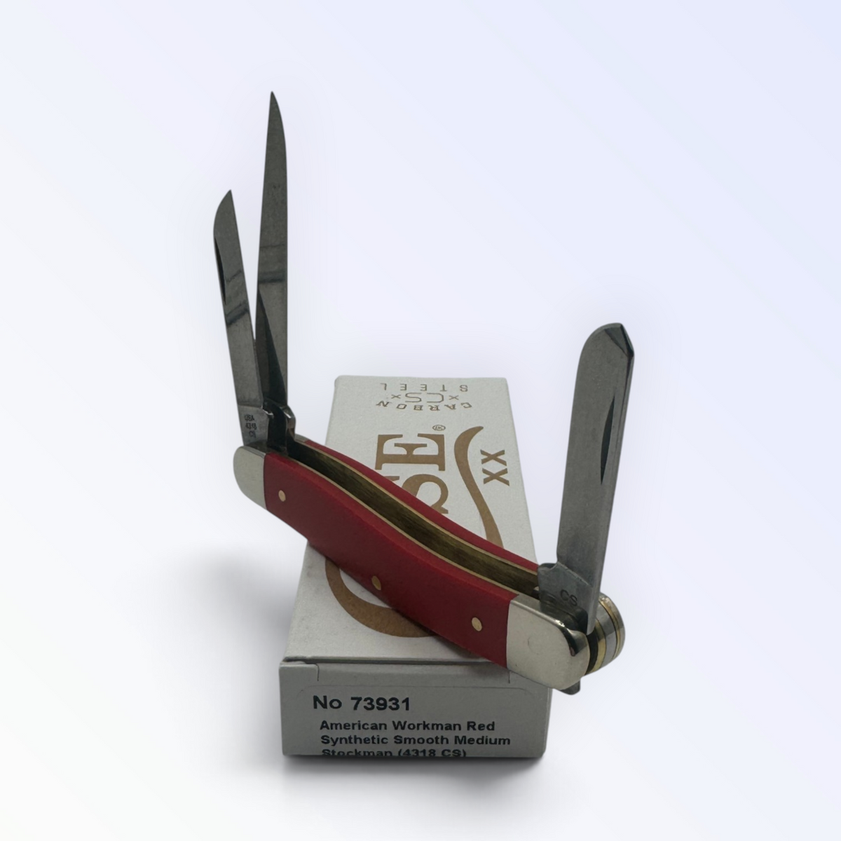 Pigeon Roost Knives Case XX American Workman Medium Stockman pocket knife with red synthetic handle and three blades.