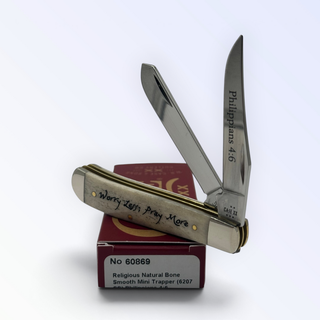 Case XX 60869 – Religious Natural Bone Smooth Mini Trapper (Philippians 4:6) — angled open view on Case XX packaging