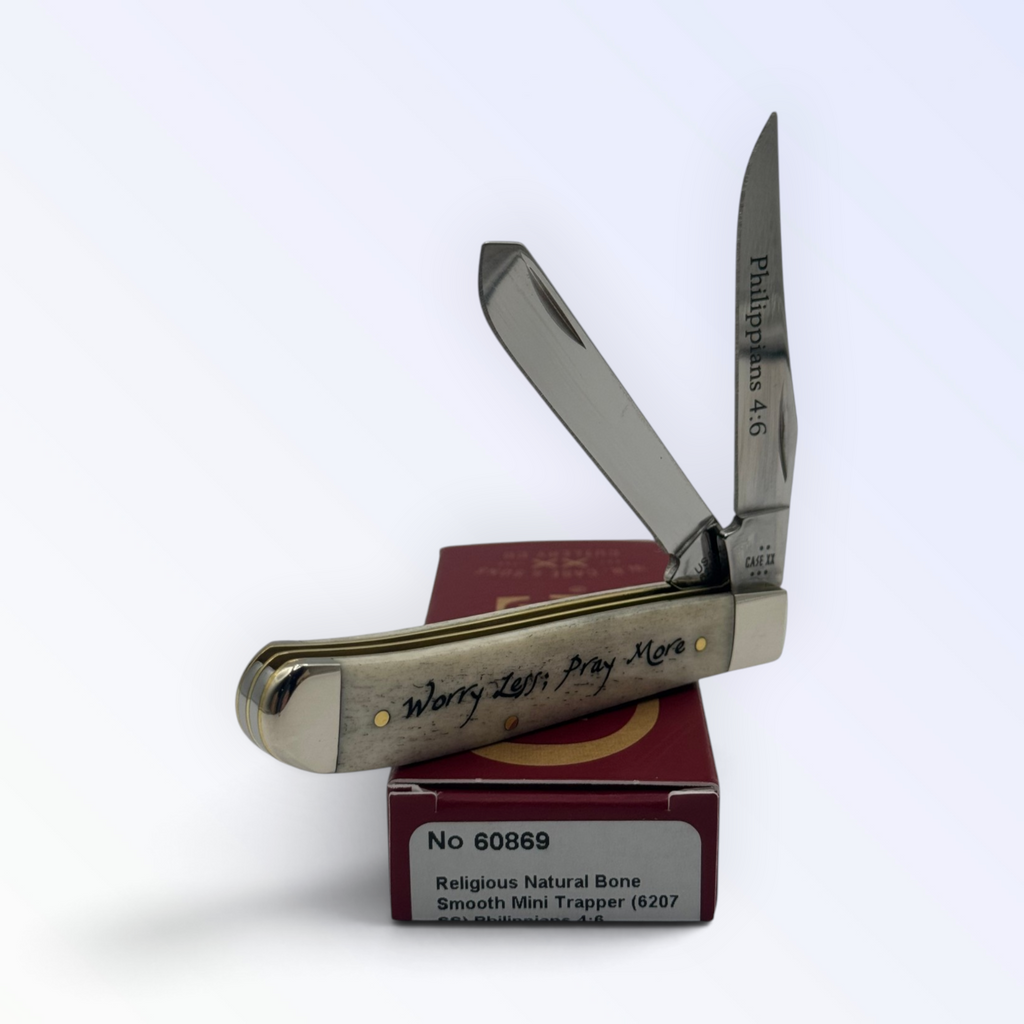 Case XX – Religious Natural Bone Smooth Mini Trapper (Philippians 4:6), SKU 60869 — closed profile on the Case XX box