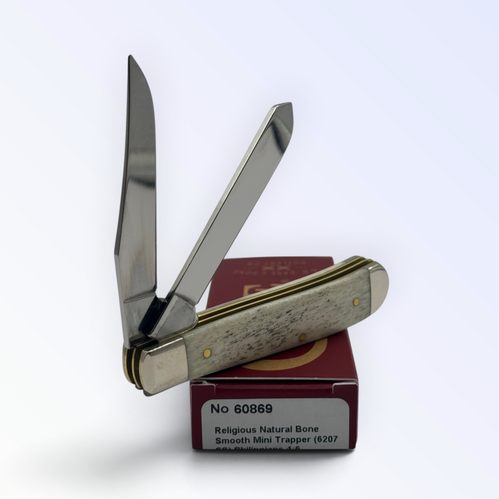 Case XX – Religious Natural Bone Smooth Mini Trapper (Philippians 4:6) (60869) — pocket-knife studio shot on retail box