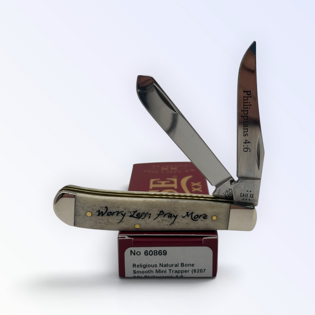 Case XX – Religious Natural Bone Smooth Mini Trapper (Philippians 4:6) with SKU 60869 — blades open resting on the factory box