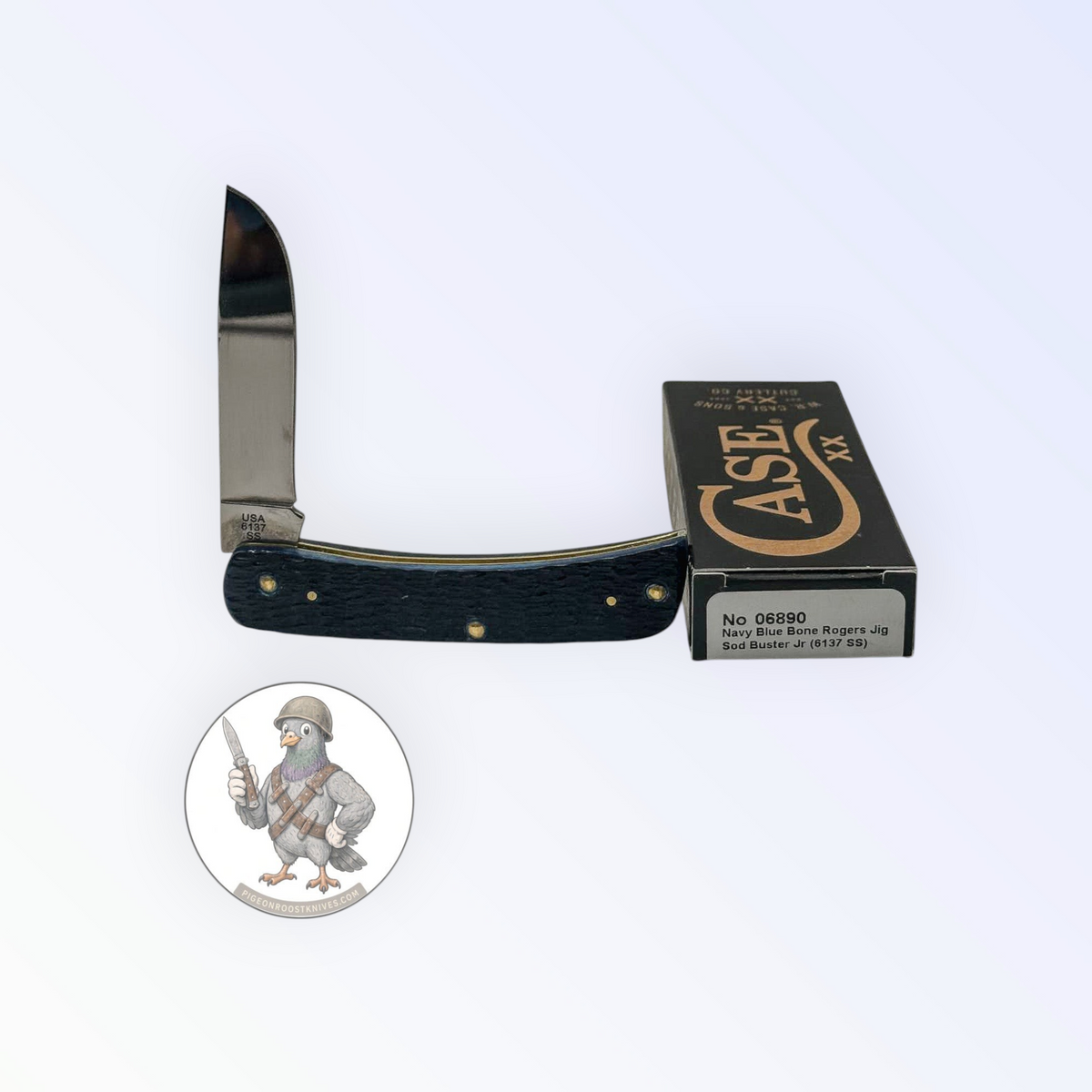 Case XX 06890 Rogers Jig Navy Blue Bone Sod Buster Jr — angled open view on Case XX packaging