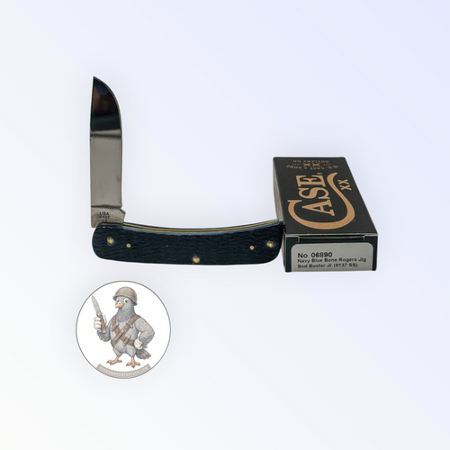 Case XX 06890 Rogers Jig Navy Blue Bone Sod Buster Jr — angled open view on Case XX packaging