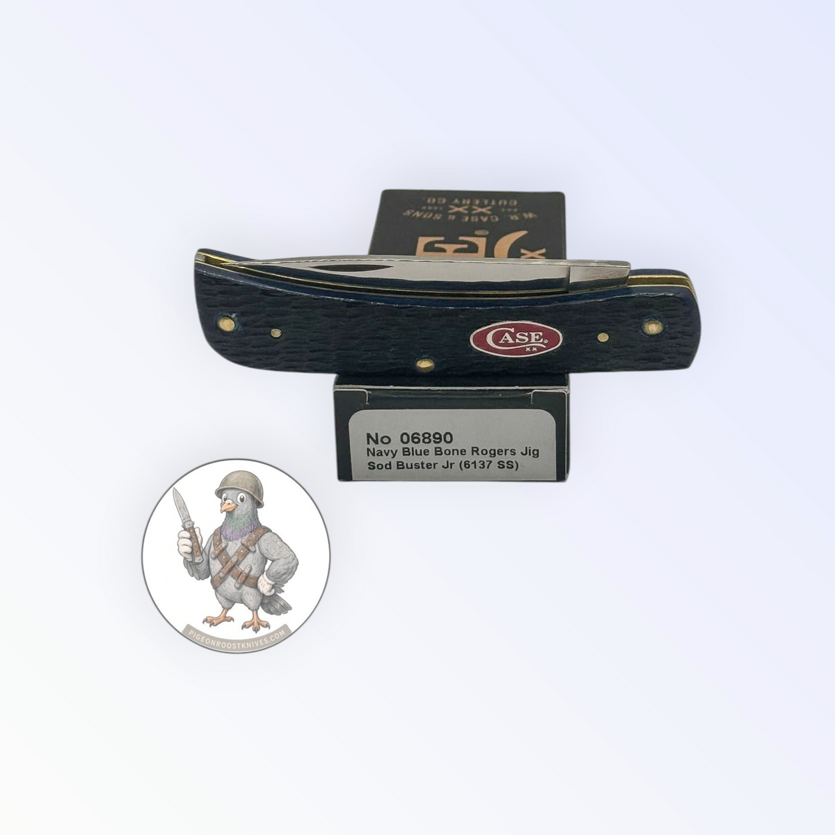 Case XX Rogers Jig Navy Blue Bone Sod Buster Jr, SKU 06890 — closed profile on the Case XX box