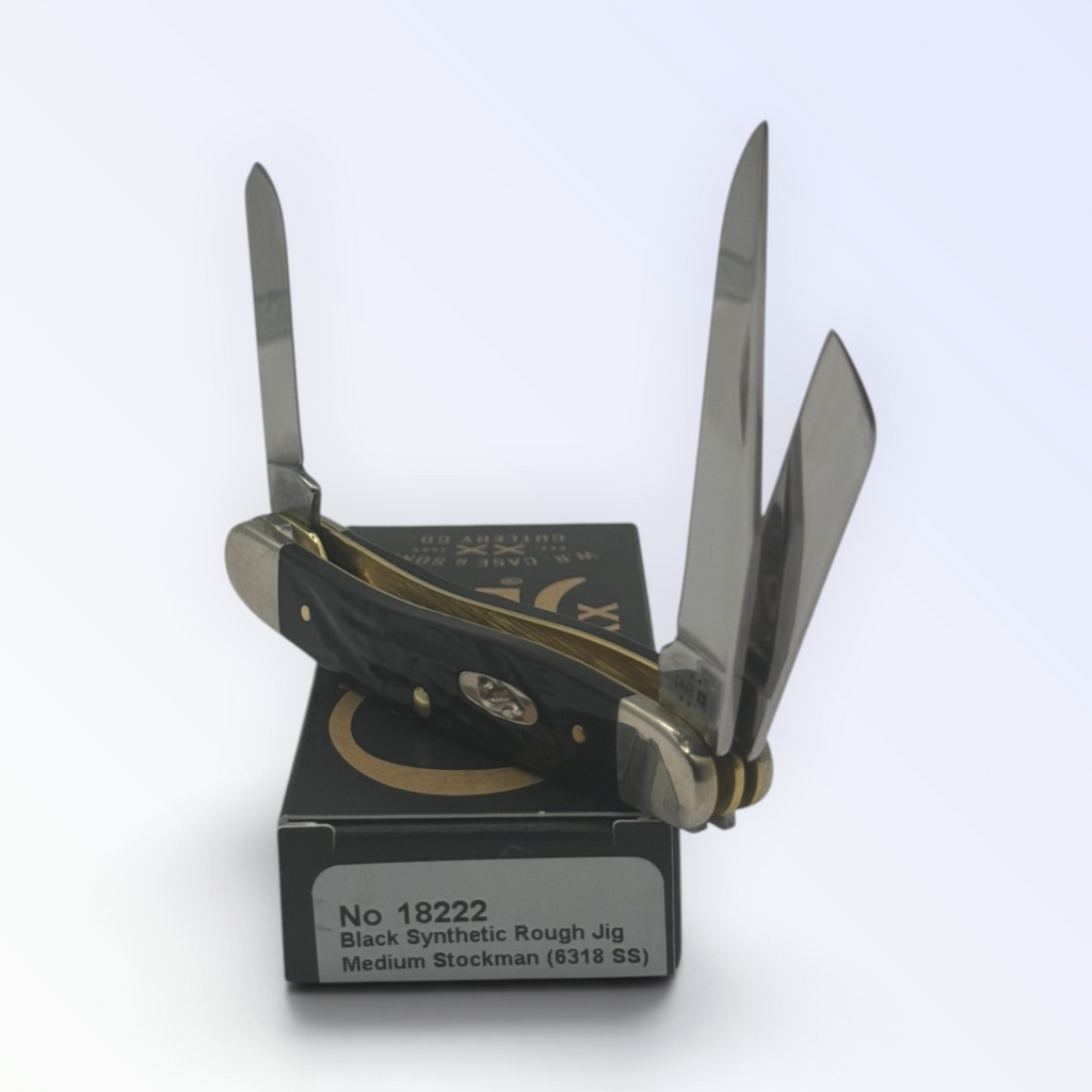 Case XX 18222 Rough Black Synthetic Medium Stockman — angled open view on Case XX packaging