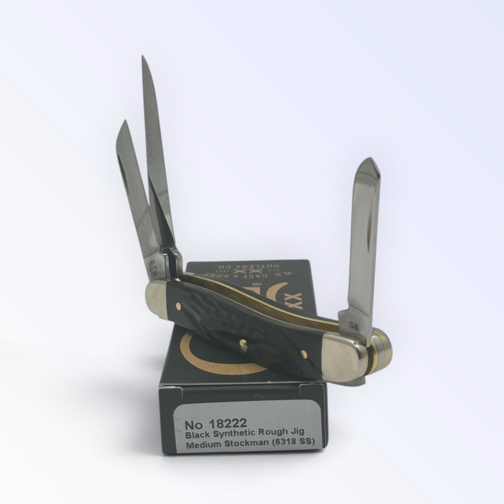Catalog 18222 Case XX Rough Black Synthetic Medium Stockman — open blades resting on factory packaging