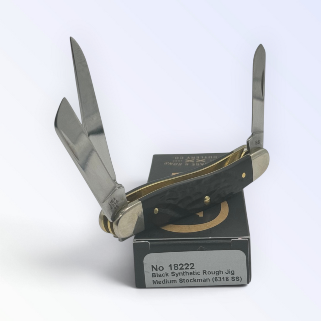 Case XX Rough Black Synthetic Medium Stockman (18222) — pocket-knife studio shot on retail box