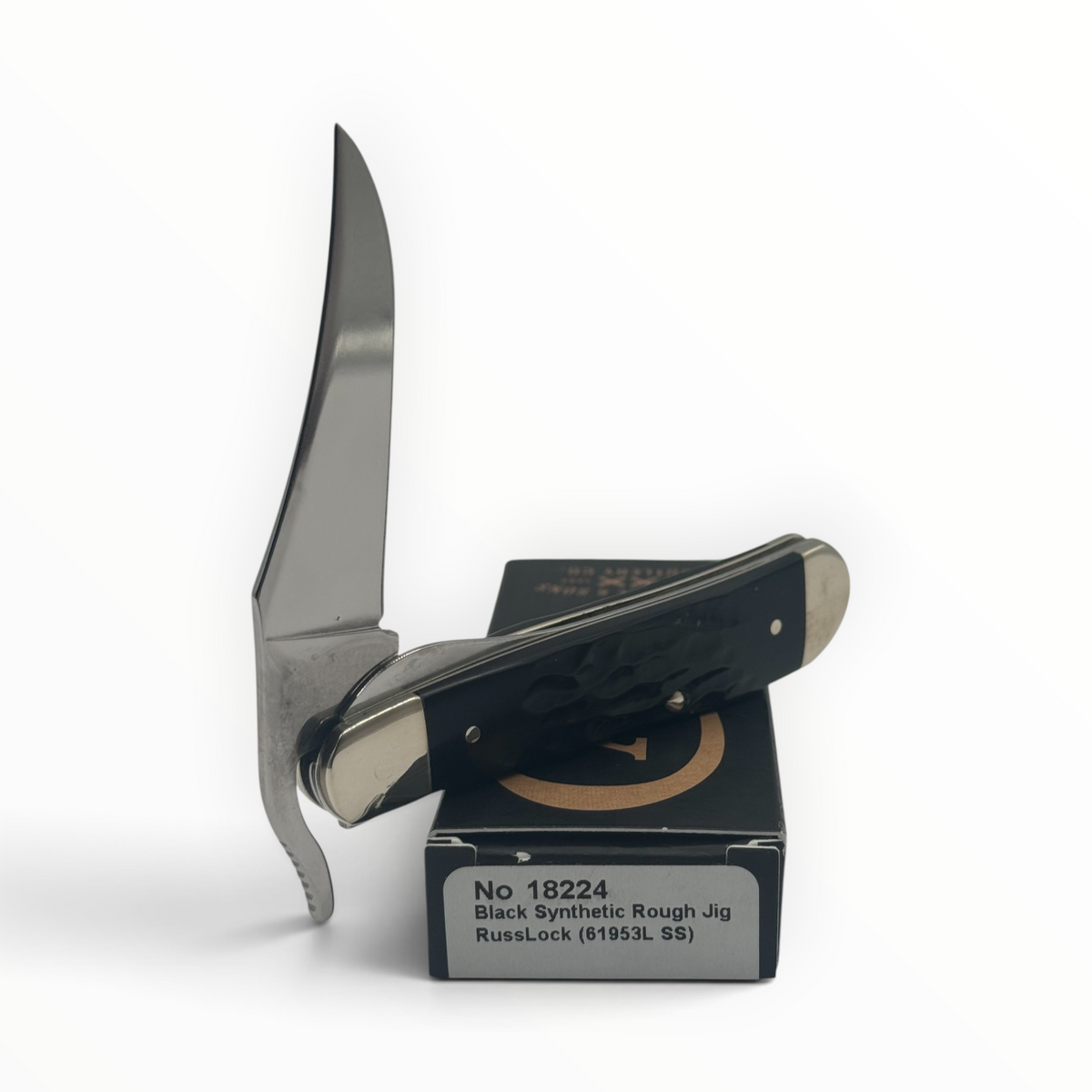 Pigeon Roost Knives Case XX RussLock with black rough jig synthetic handle and stainless steel clip blade on its box