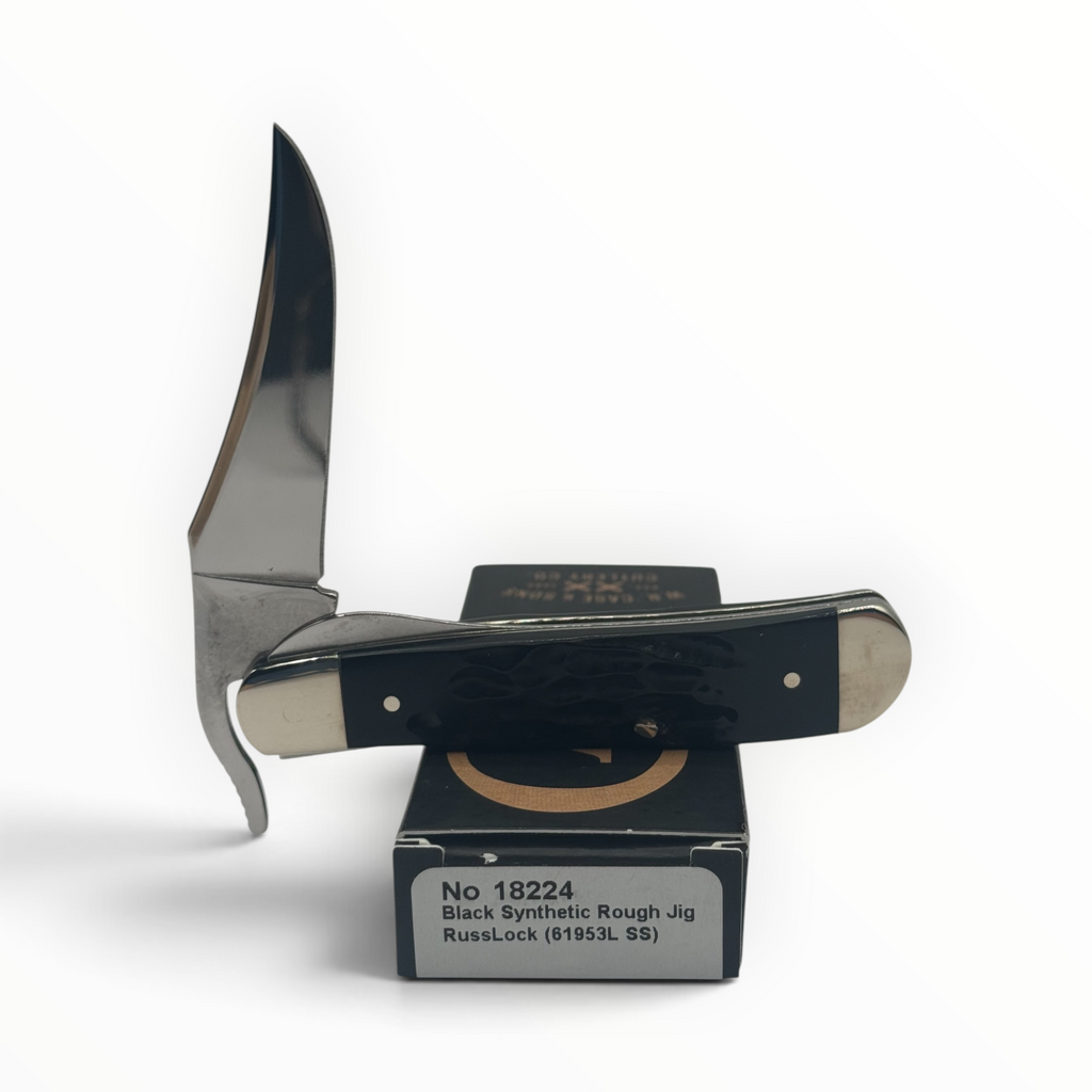 Pigeon Roost Knives Case XX RussLock with black rough jig synthetic handle and stainless steel clip blade on box