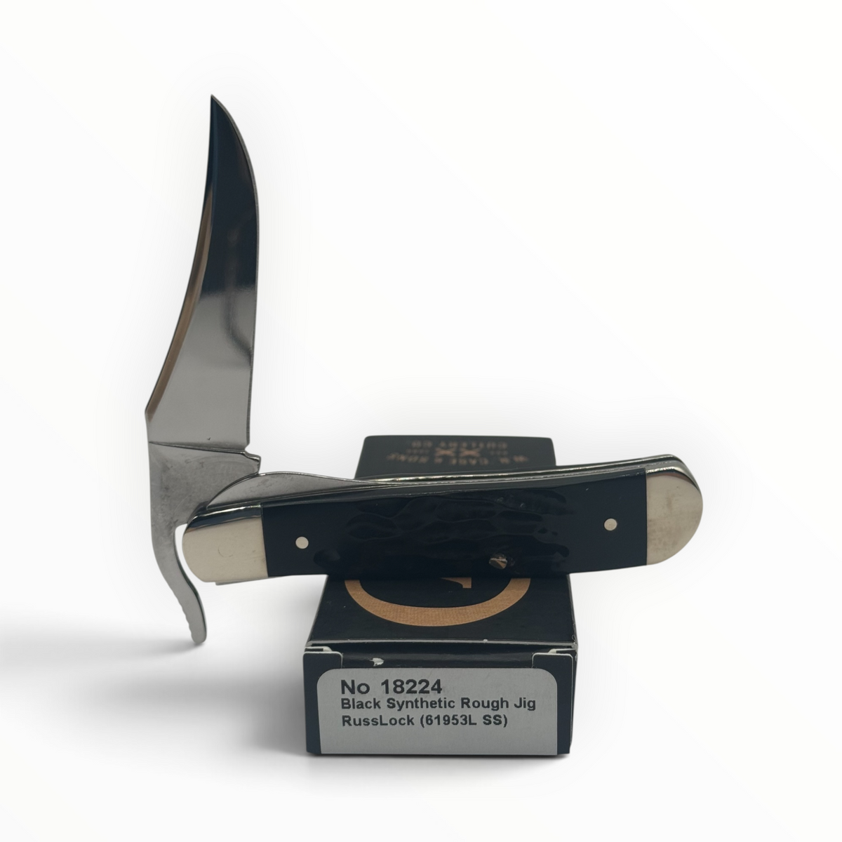 Pigeon Roost Knives Case XX RussLock with black rough jig synthetic handle and stainless steel clip blade on box
