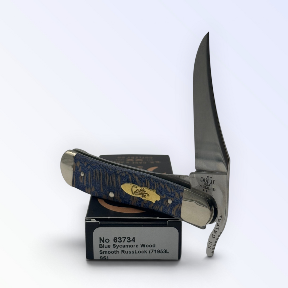 Case XX 63734 Russlock Smooth Blue Sycamore Wood — angled open view on Case XX packaging