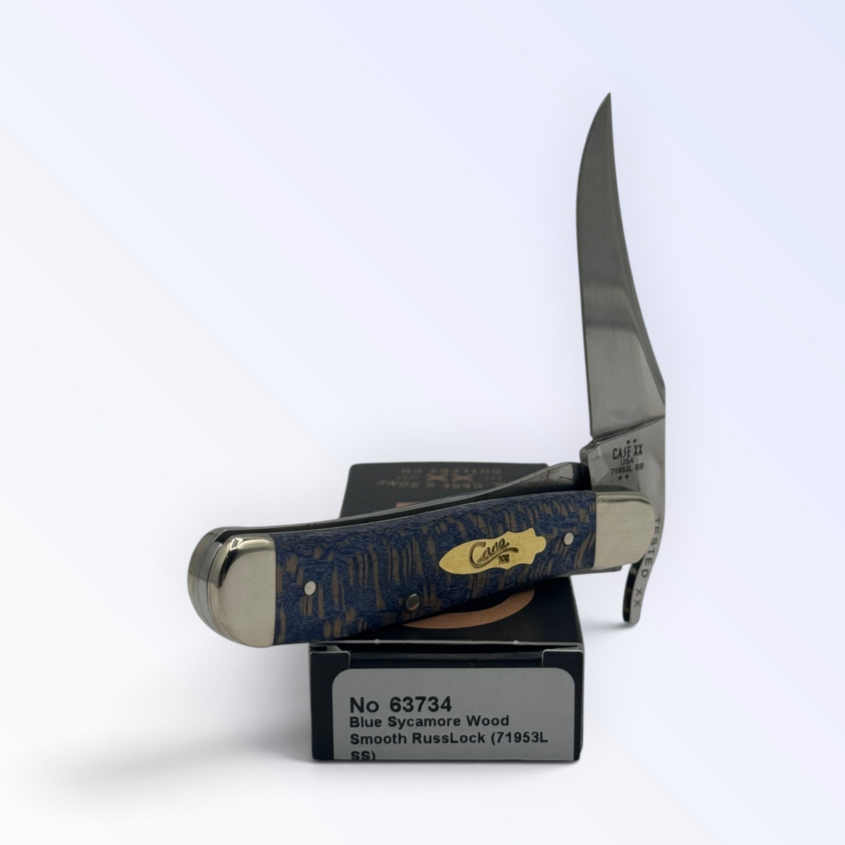 Case XX Russlock Smooth Blue Sycamore Wood, SKU 63734 — closed profile on the Case XX box
