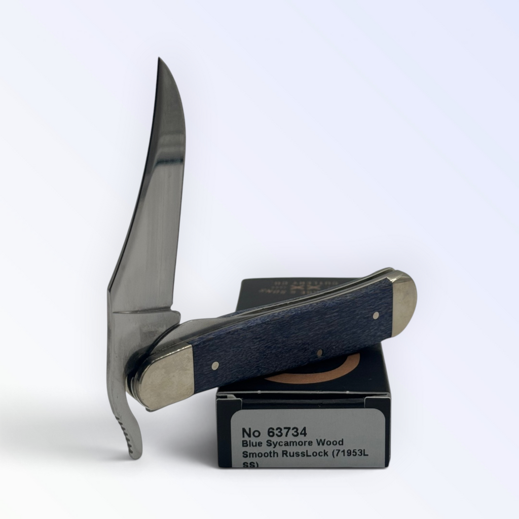 Case XX Russlock Smooth Blue Sycamore Wood (63734) — pocket-knife studio shot on retail box