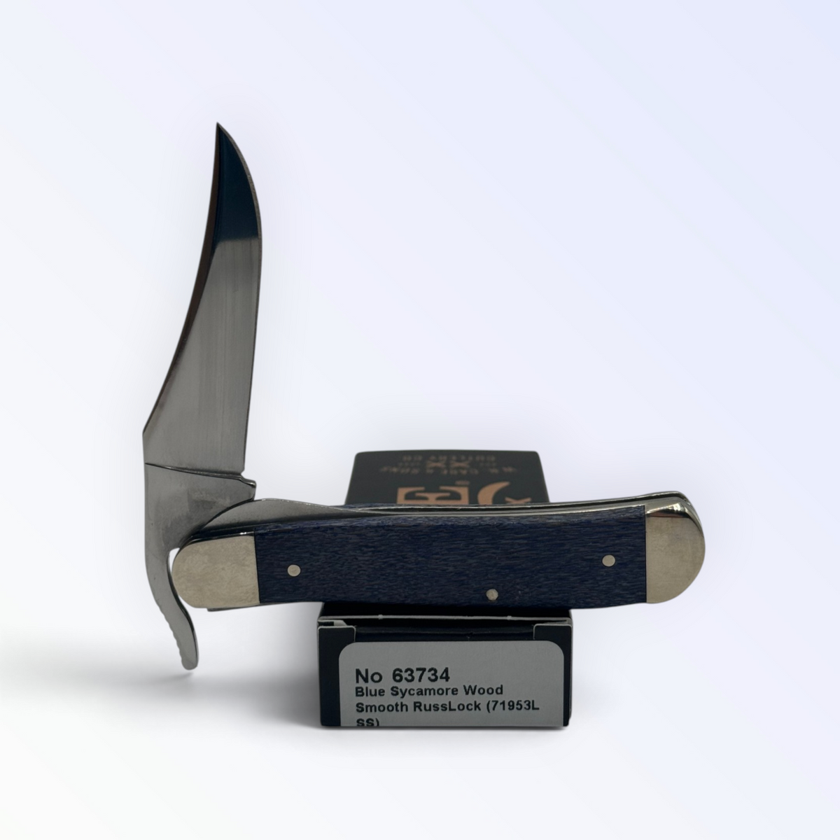 Russlock Smooth Blue Sycamore Wood by Case XX (63734), close view of handle texture with blades open on box