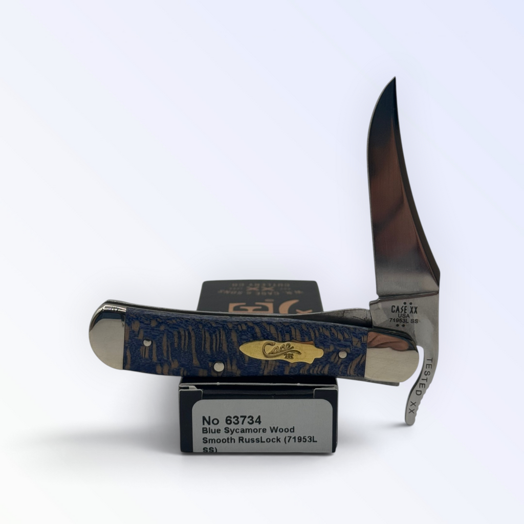 Case XX Russlock Smooth Blue Sycamore Wood with SKU 63734 — blades open resting on the factory box
