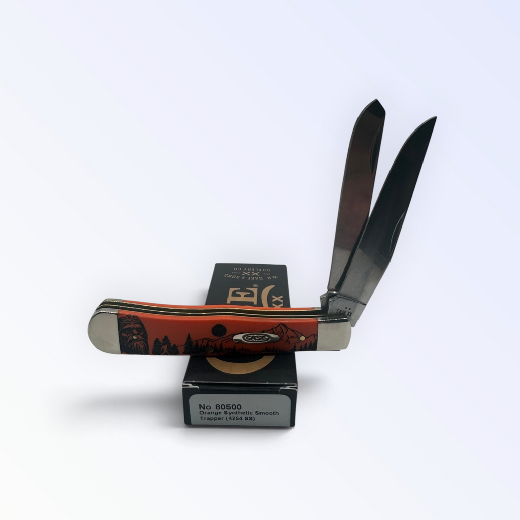 Pigeon Roost Knives Case XX Sasquatch Trapper pocket knife with smooth orange synthetic handle and dual steel blades.