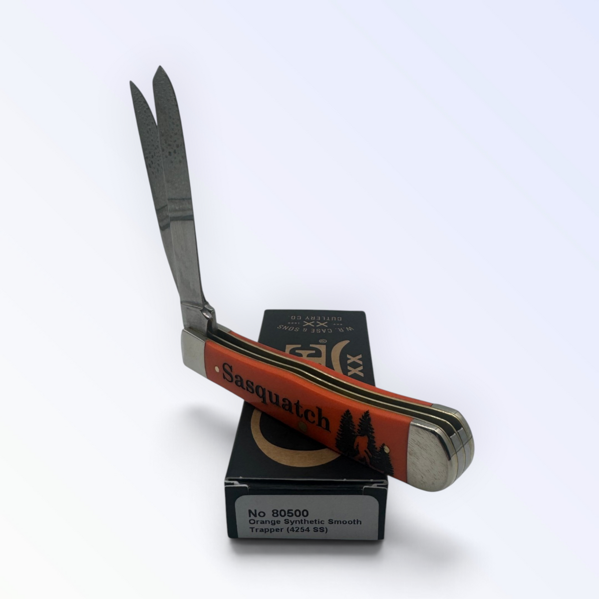 Pigeon Roost Knives Case XX Sasquatch Trapper pocket knife with smooth orange synthetic handle and two steel blades.