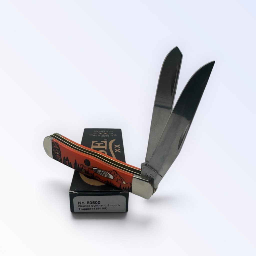 Pigeon Roost Knives Case XX Sasquatch Trapper pocket knife with smooth orange synthetic handle and dual steel blades.