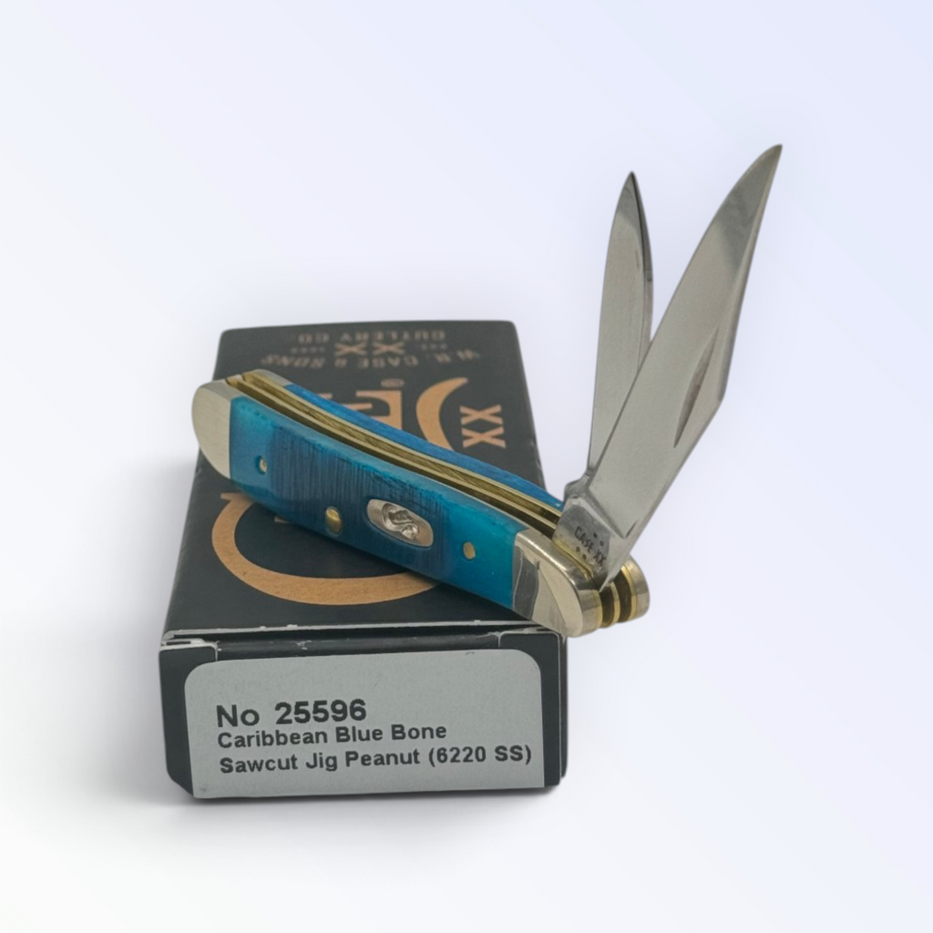Case XX 25596 Sawcut Caribbean Blue Bone Peanut — angled open view on Case XX packaging