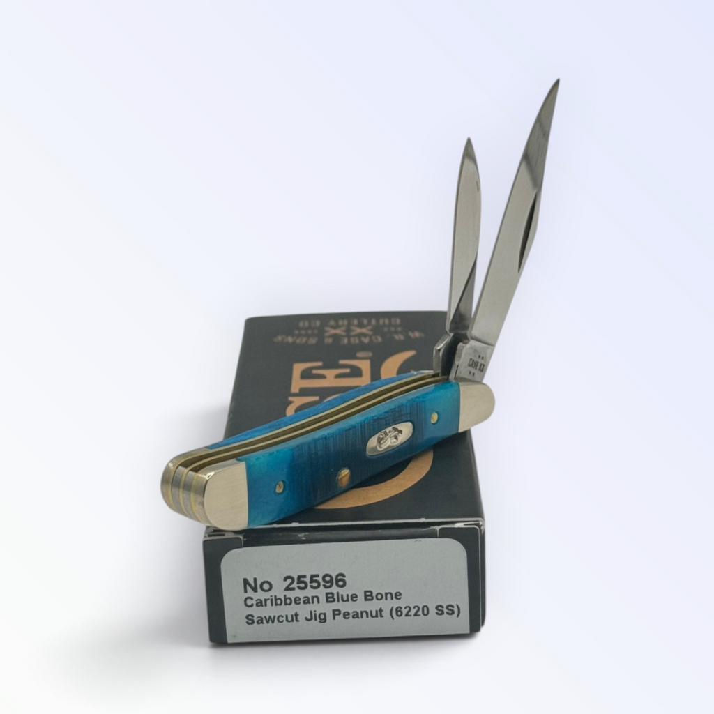 Case XX Sawcut Caribbean Blue Bone Peanut, SKU 25596 — closed profile on the Case XX box