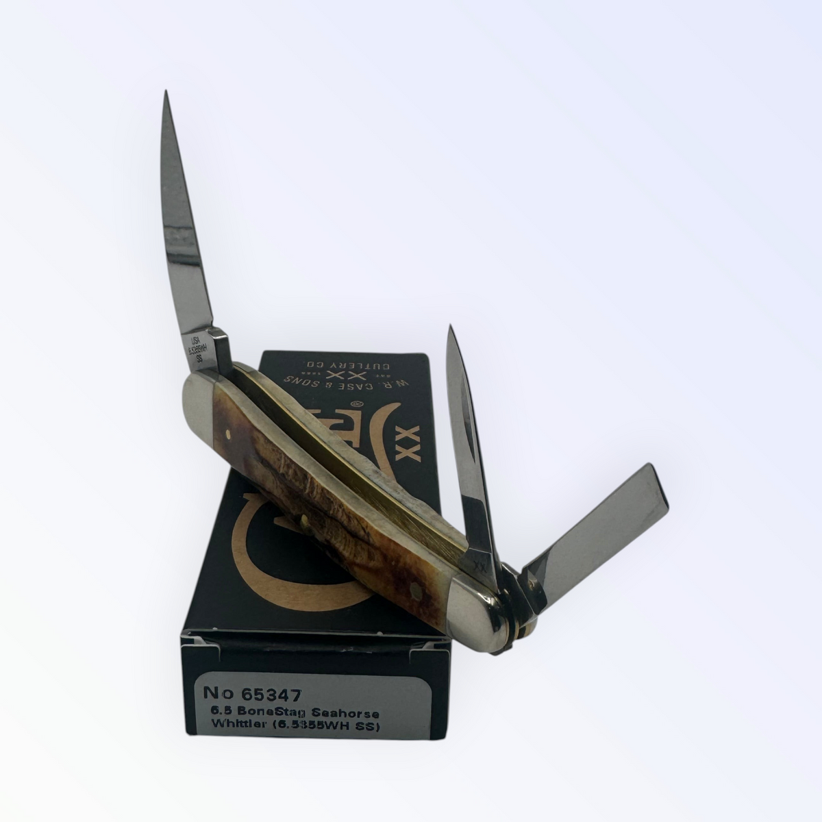 Pigeon Roost Knives Case XX 65347 Seahorse Whittler pocket knife with 6.5 BoneStag handle and three stainless blades.