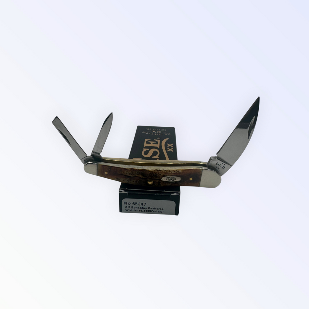 Pigeon Roost Knives Case XX 65347 Seahorse Whittler pocket knife with 6.5 BoneStag handle and three stainless blades.