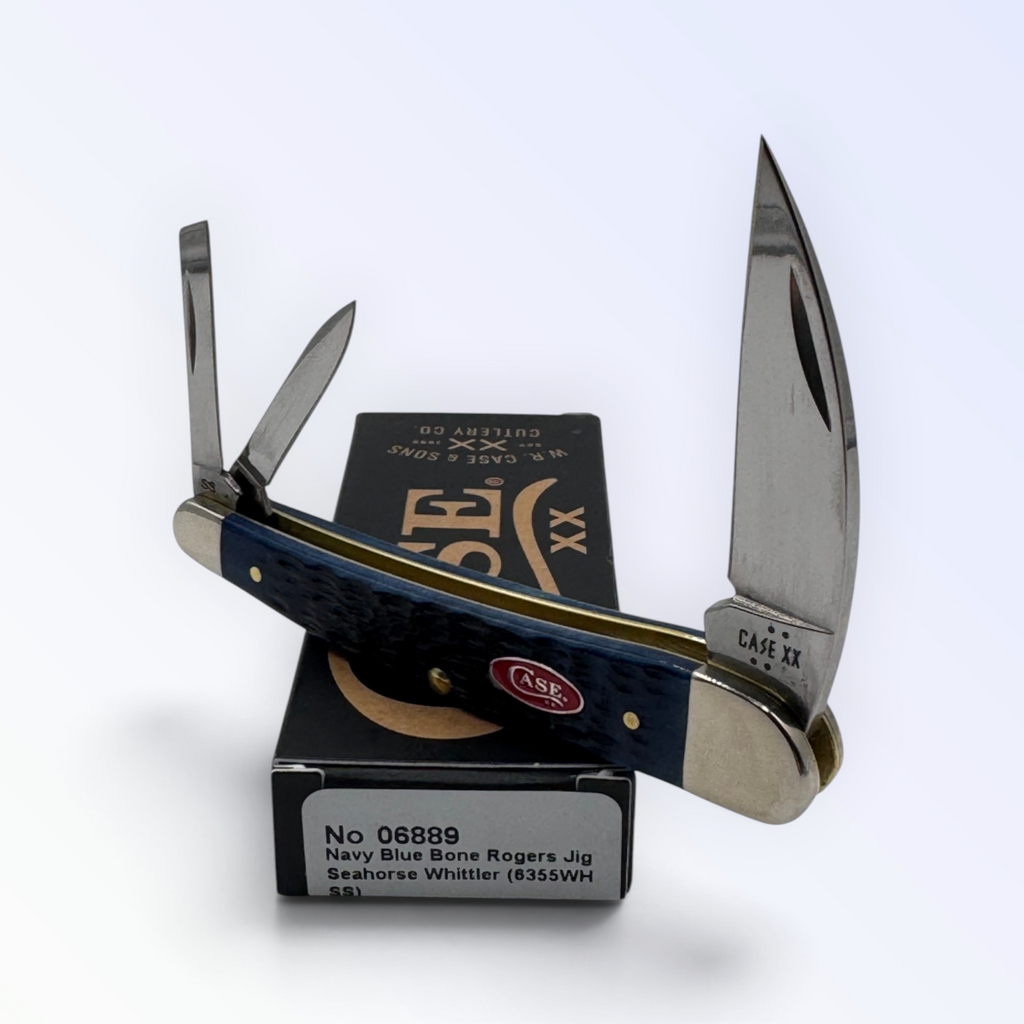 Pigeon Roost Knives Case XX Seahorse Whittler pocket knife with navy blue jigged bone handle and three steel blades