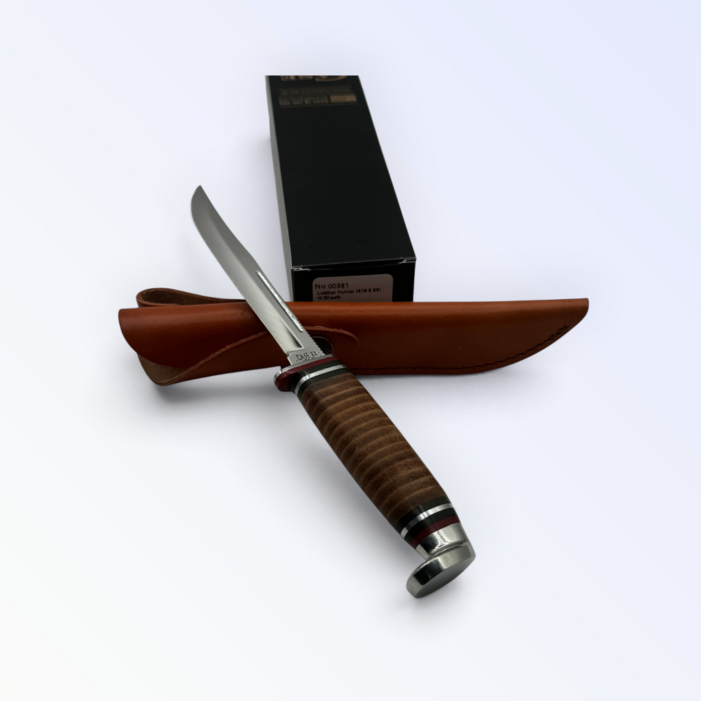 Pigeon Roost Knives Case XX Slim Fixed Blade Hunter with polished stacked leather handle and brown leather sheath