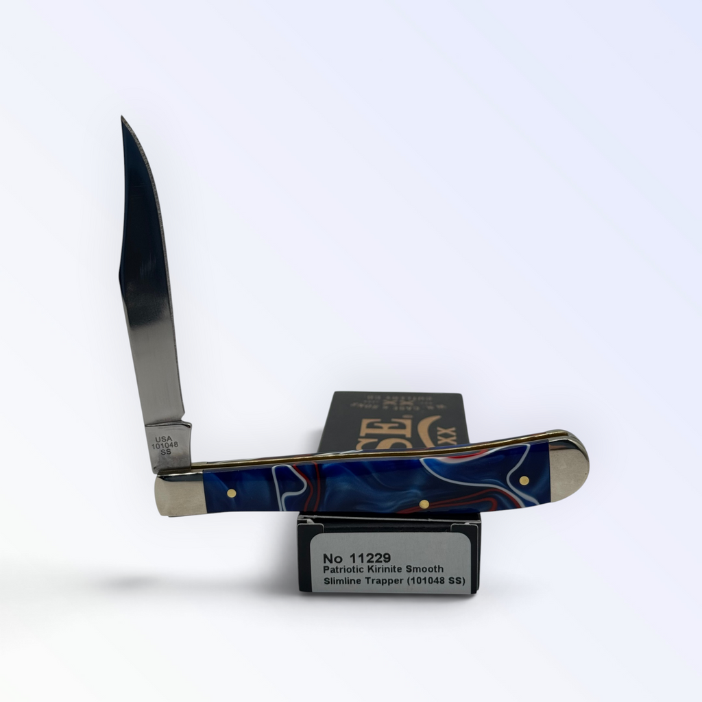 Case XX Slimline Trapper (11229) featuring Patriotic Kirinite; studio shot open atop the retail box