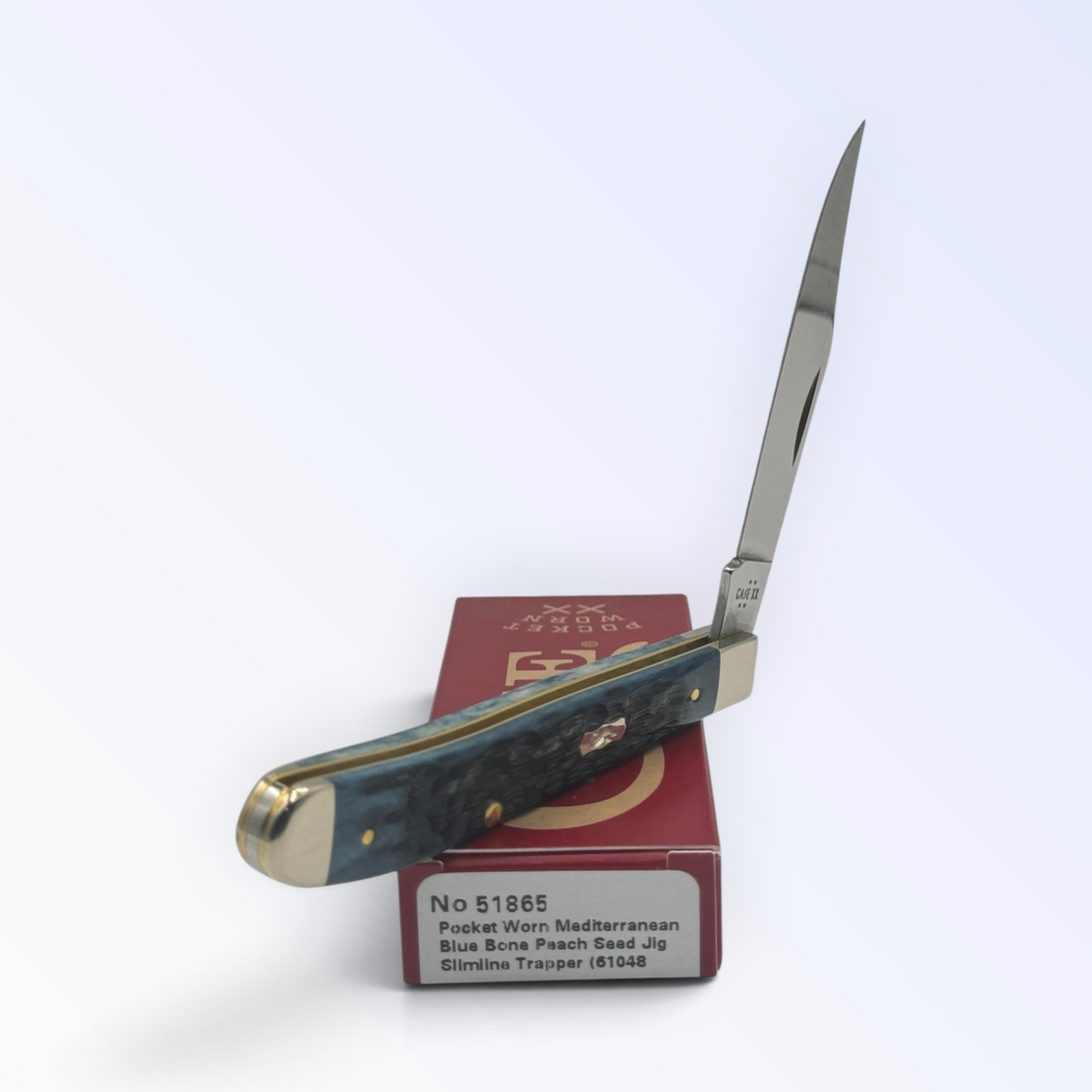 Case XX Slimline Trapper Peach Seed Mediterranean Blue Bone, SKU 51865 — closed profile on the Case XX box