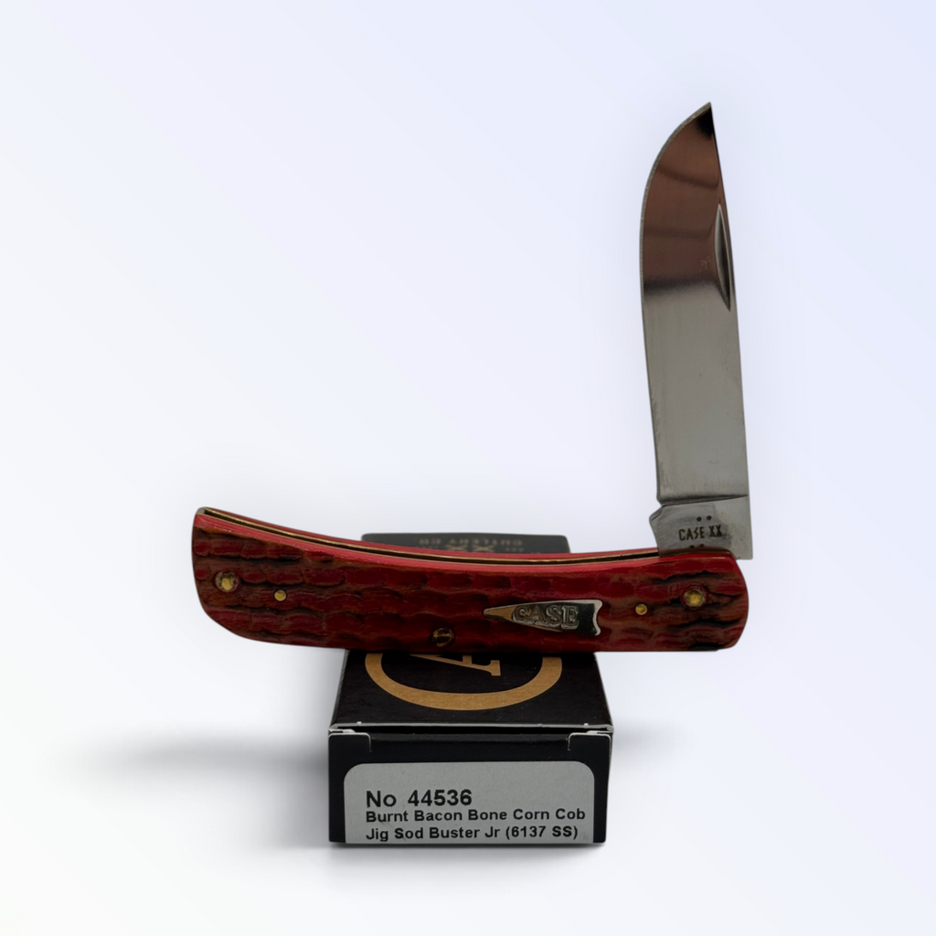 Case XX 44536 Sod Buster Jr smoked bacon bone — open skinner blade on Case XX retail box