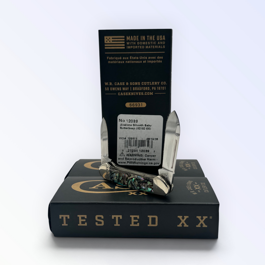 Case XX 12039 Smooth Abalone Butterbean — angled open view on Case XX packaging