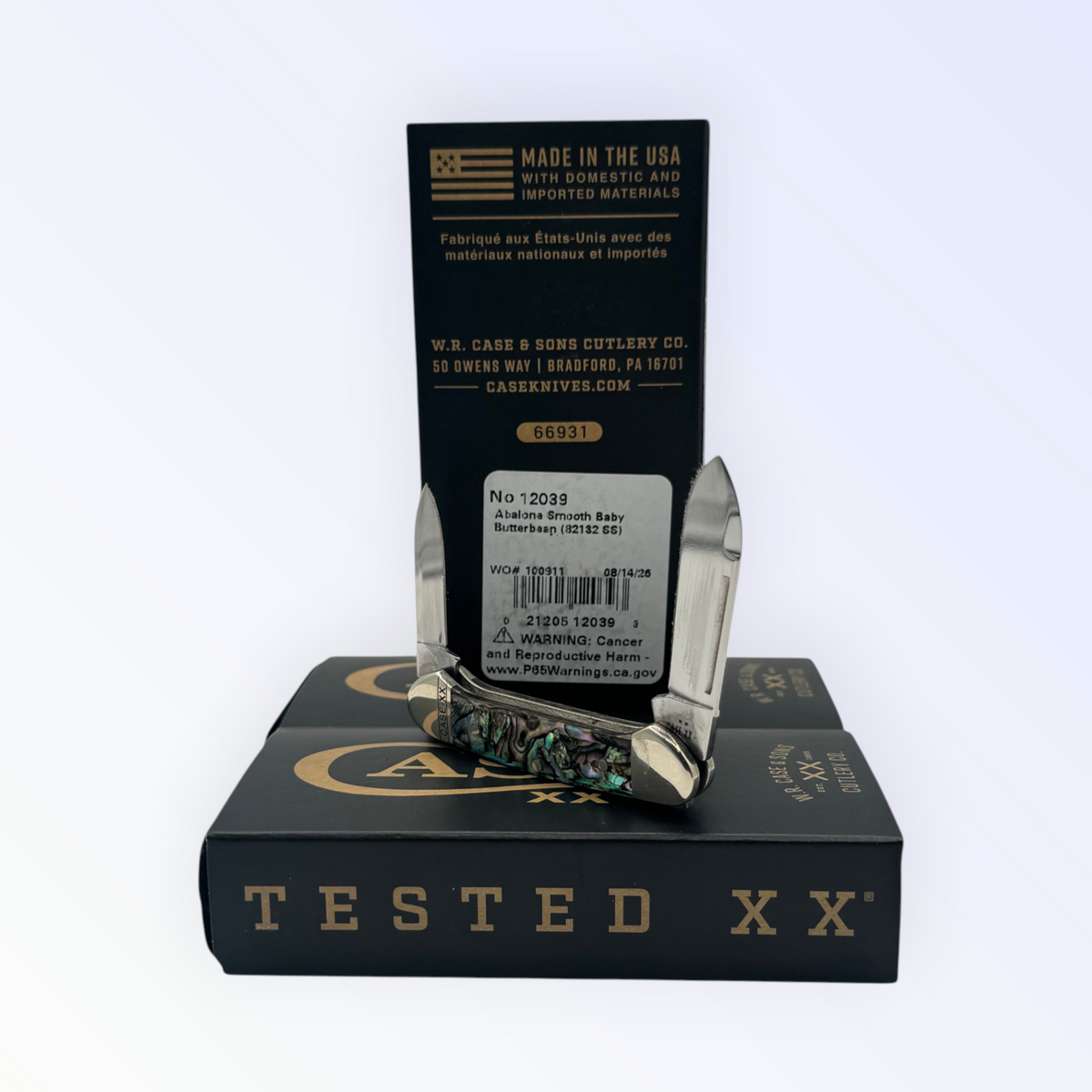 Case XX 12039 Smooth Abalone Butterbean — angled open view on Case XX packaging
