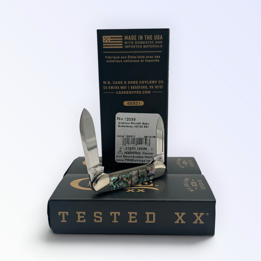 Case XX Smooth Abalone Butterbean (12039) — pocket-knife studio shot on retail box