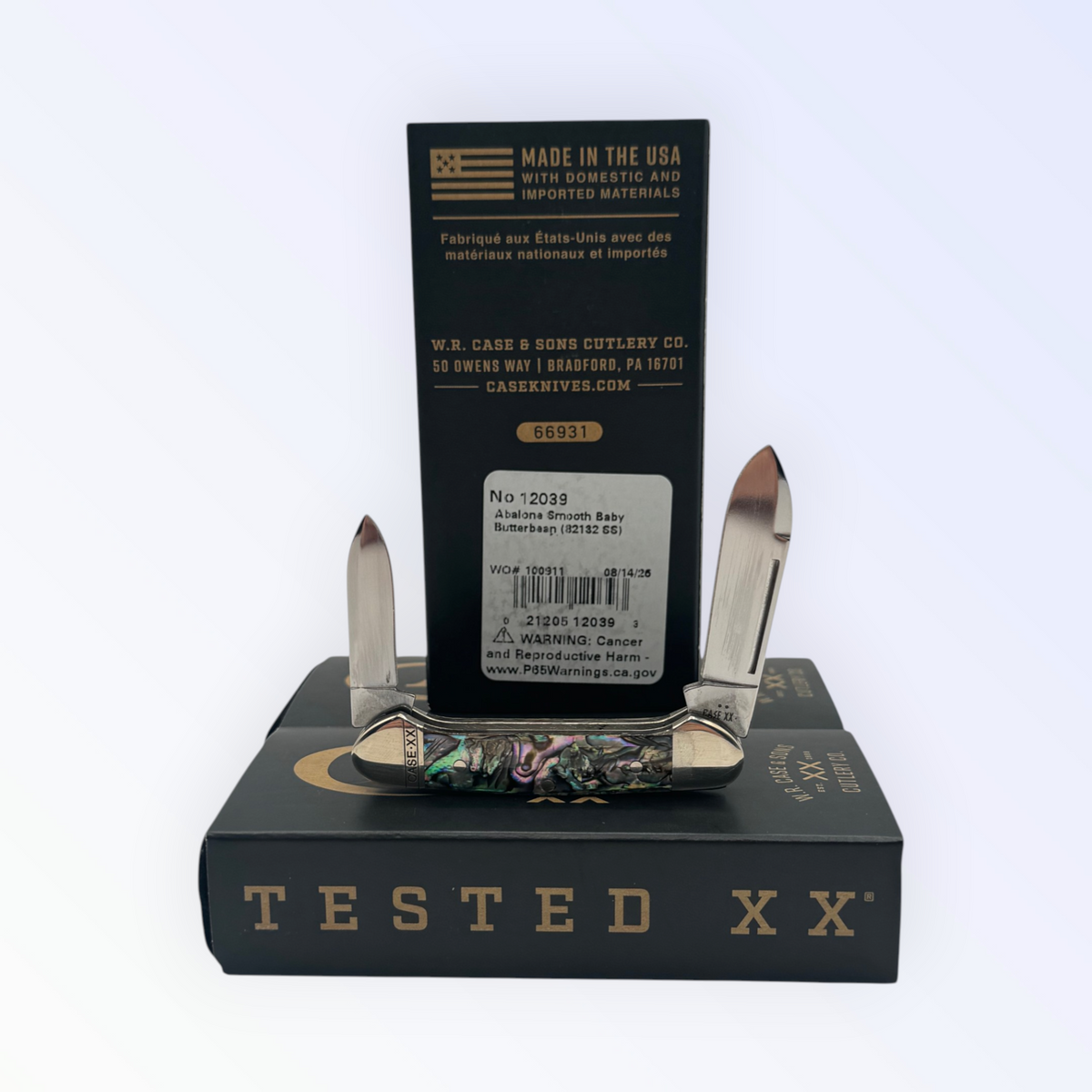 Case XX Smooth Abalone Butterbean with SKU 12039 — blades open resting on the factory box
