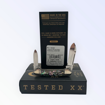 Case XX Smooth Abalone Butterbean with SKU 12039 — blades open resting on the factory box