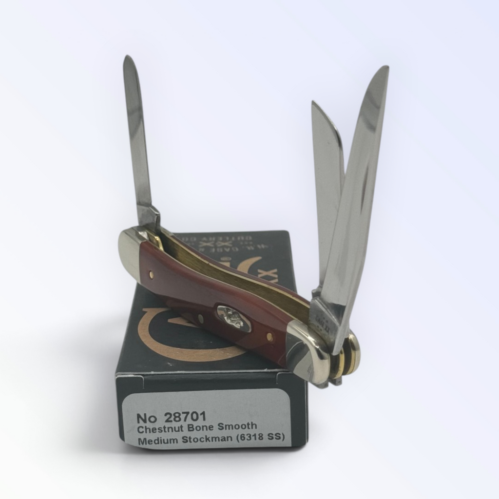 Case XX 28701 Smooth Chestnut Bone Medium Stockman — angled open view on Case XX packaging