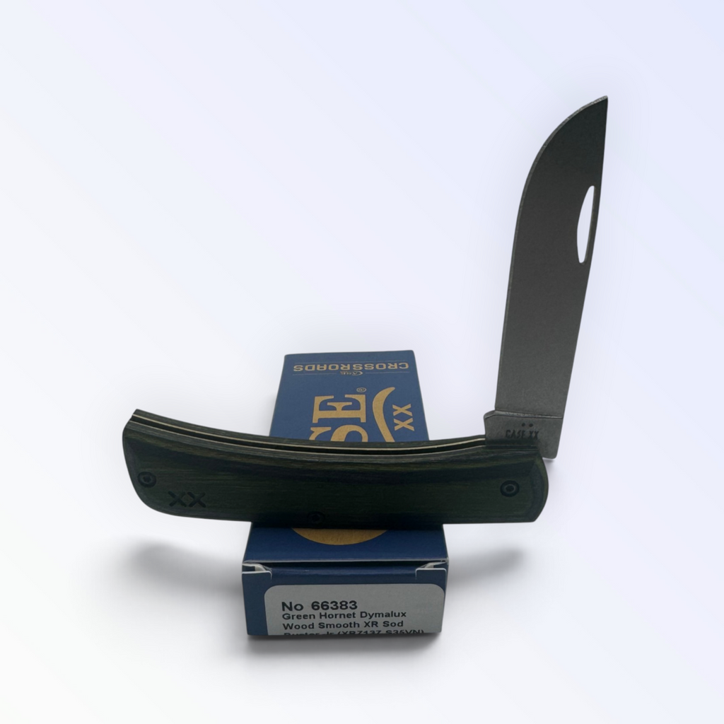 Sod Buster Jr by Case XX featuring Crossroads Green Hornet Dymalux XR (66383), pocket-knife studio shot on retail box