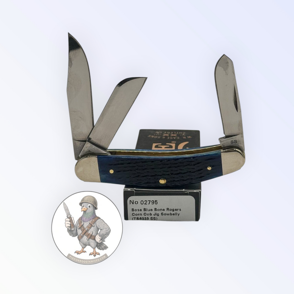 Case XX 02795 Sowbelly Stockman in jigged navy blue bone — angled open view on Case XX packaging