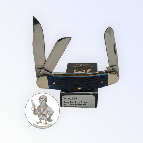 Case XX 02795 Sowbelly Stockman in jigged navy blue bone — angled open view on Case XX packaging