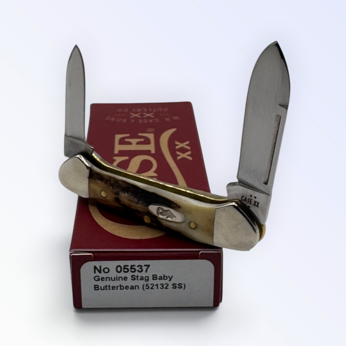 Pigeon Roost Knives Case XX Baby Butterbean pocket knife with genuine deer stag handle and two open stainless blades.