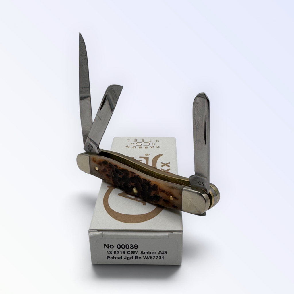 Pigeon Roost Knives Case XX Medium Stockman pocket knife with amber bone handle and three carbon steel blades