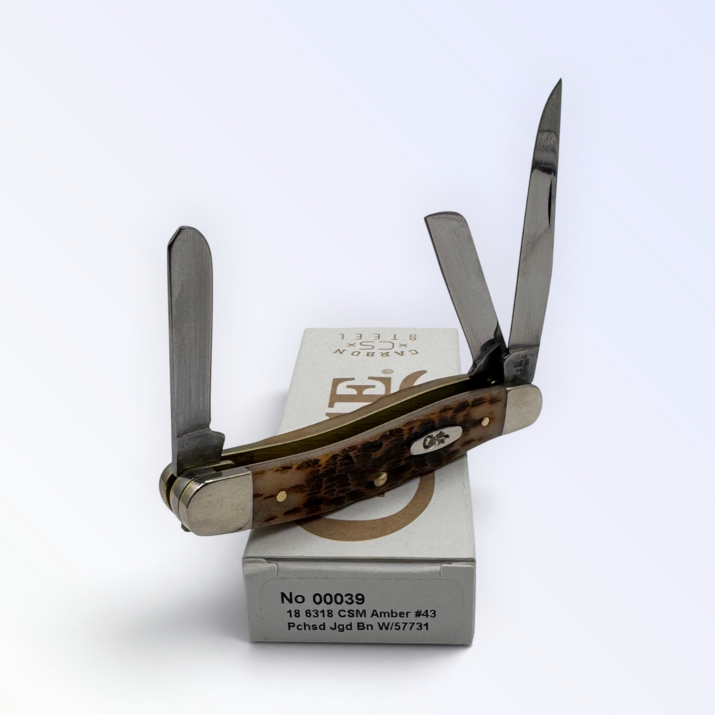 Pigeon Roost Knives Case XX Medium Stockman pocket knife with amber bone handle and three carbon steel blades